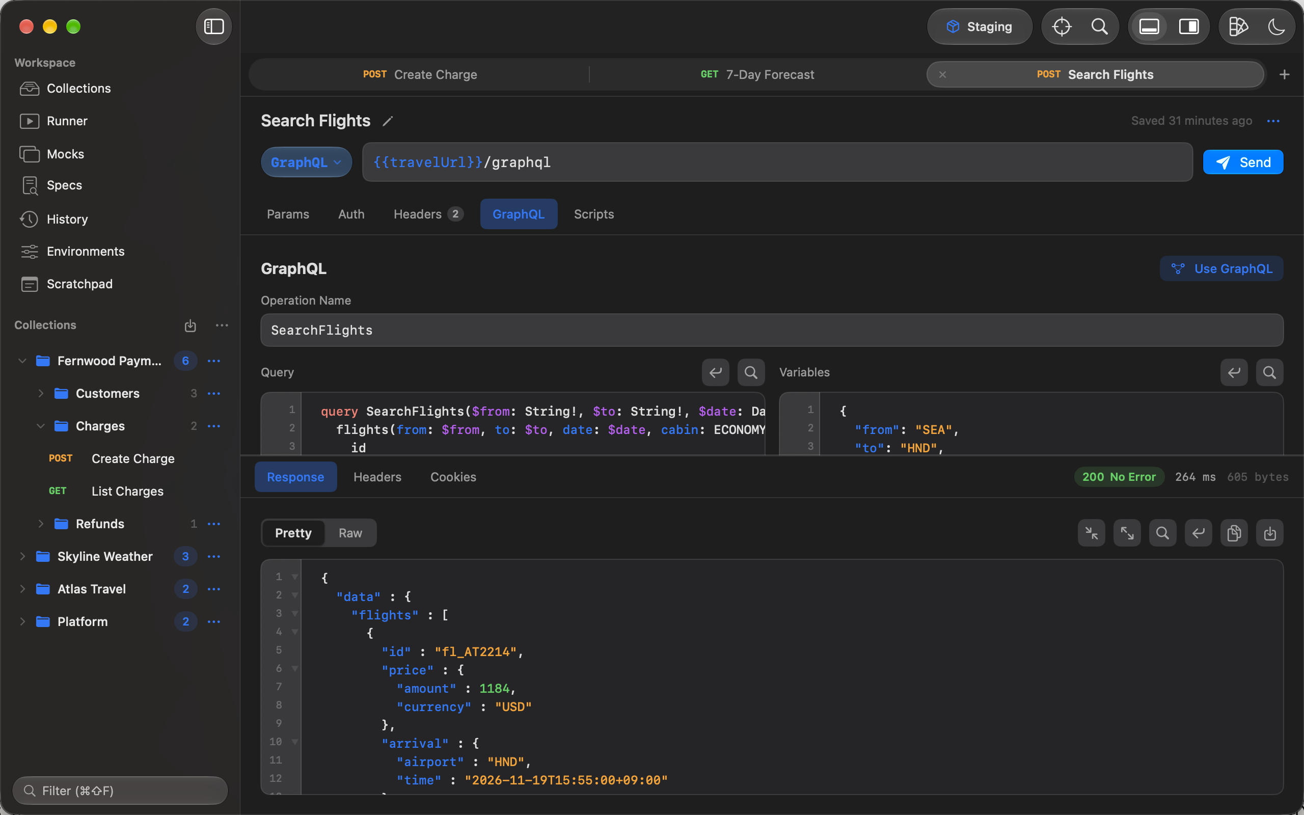 A GraphQL query with variables in Runlet