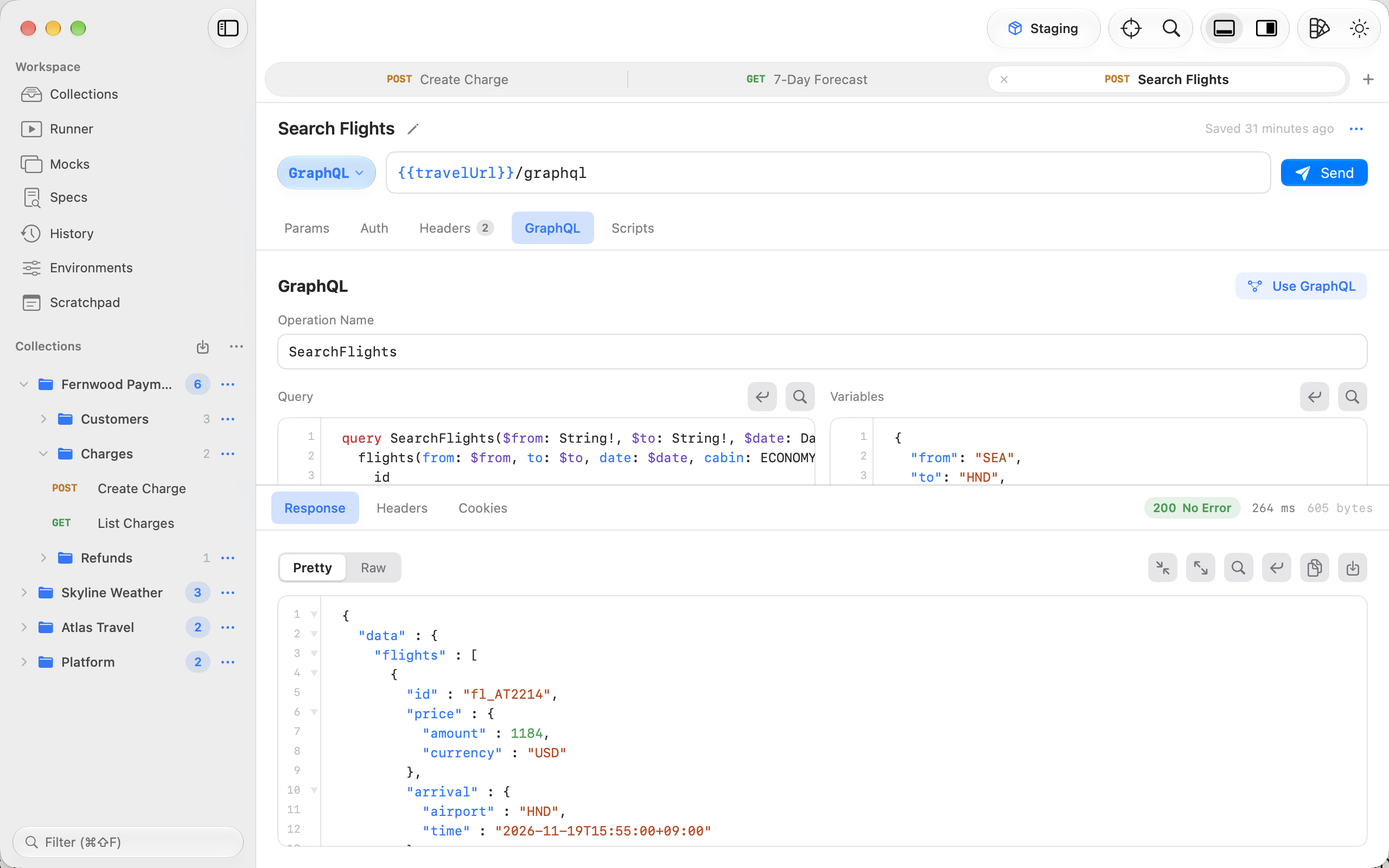 A GraphQL query with variables in Runlet