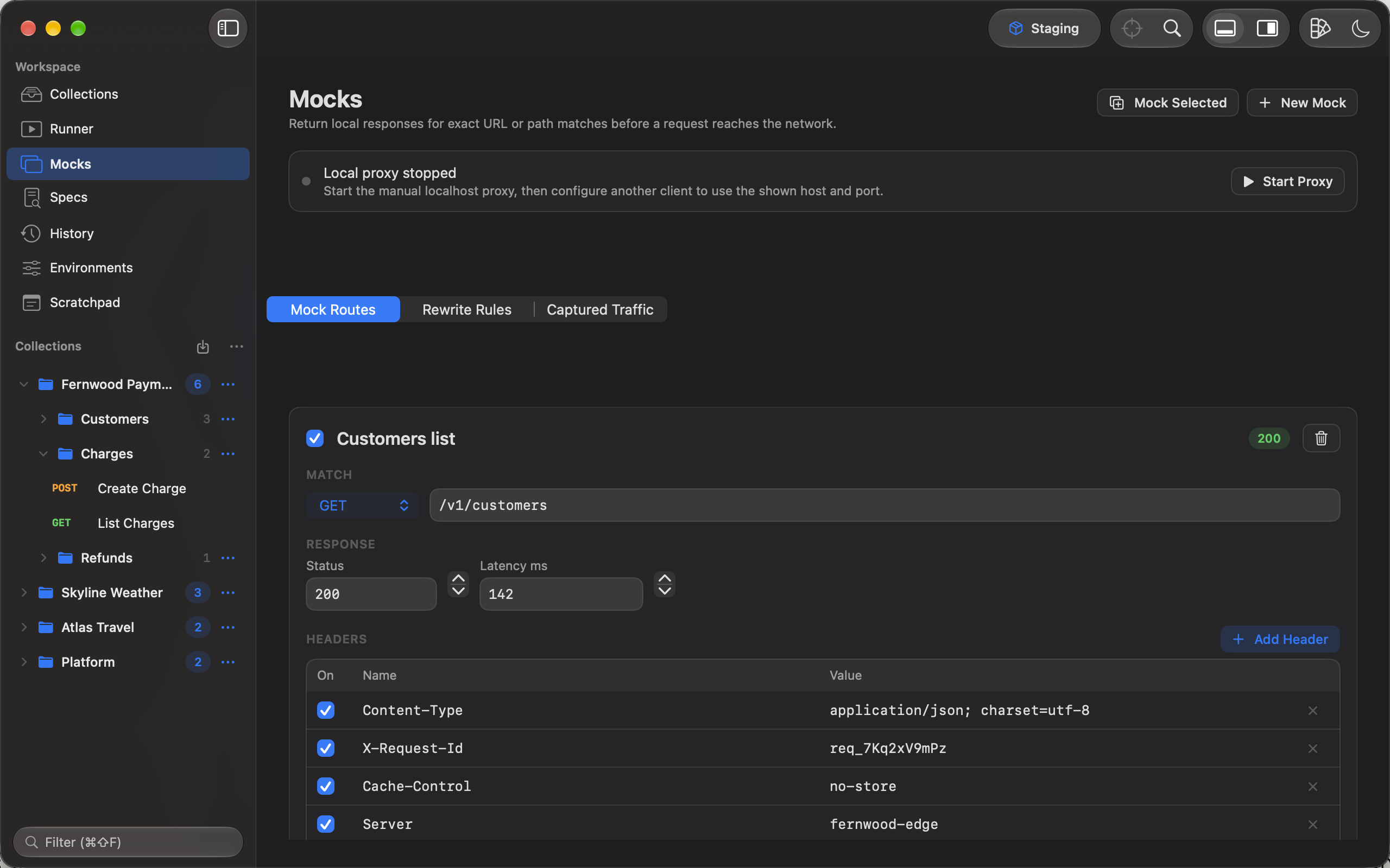 Mock routes and captured traffic in Runlet