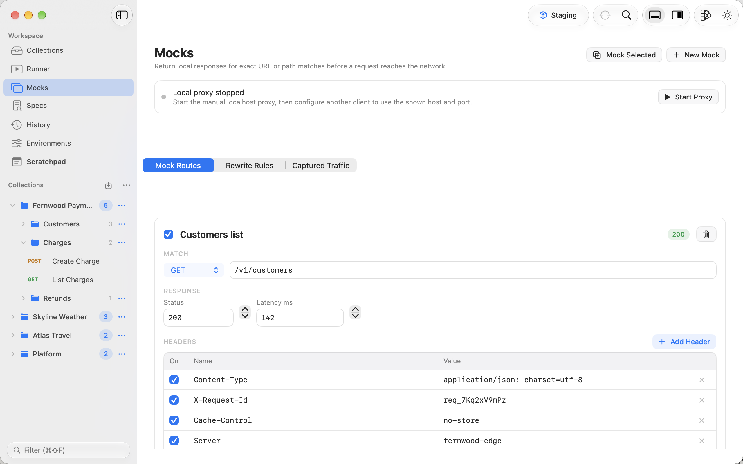 Mock routes and captured traffic in Runlet