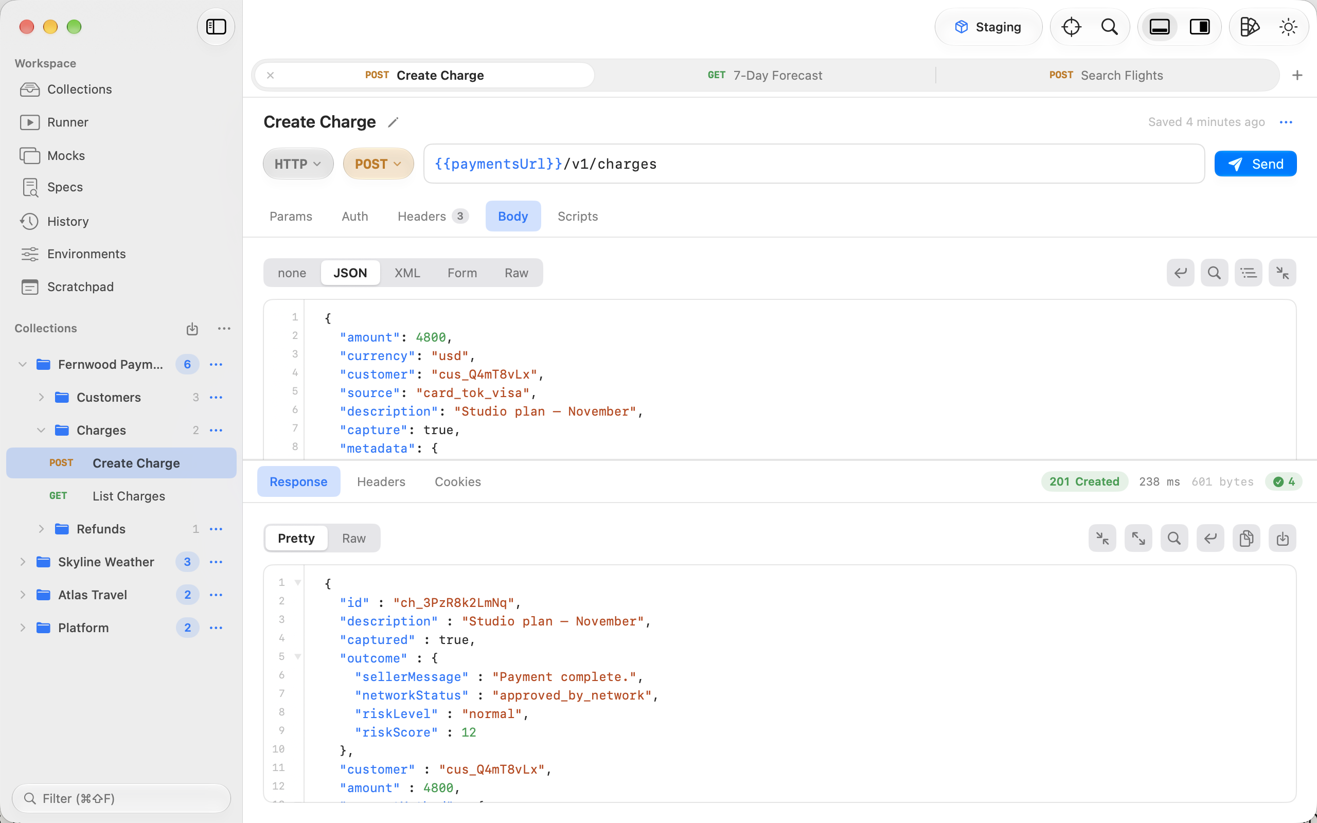 A POST request with a JSON body and its 201 Created response in Runlet