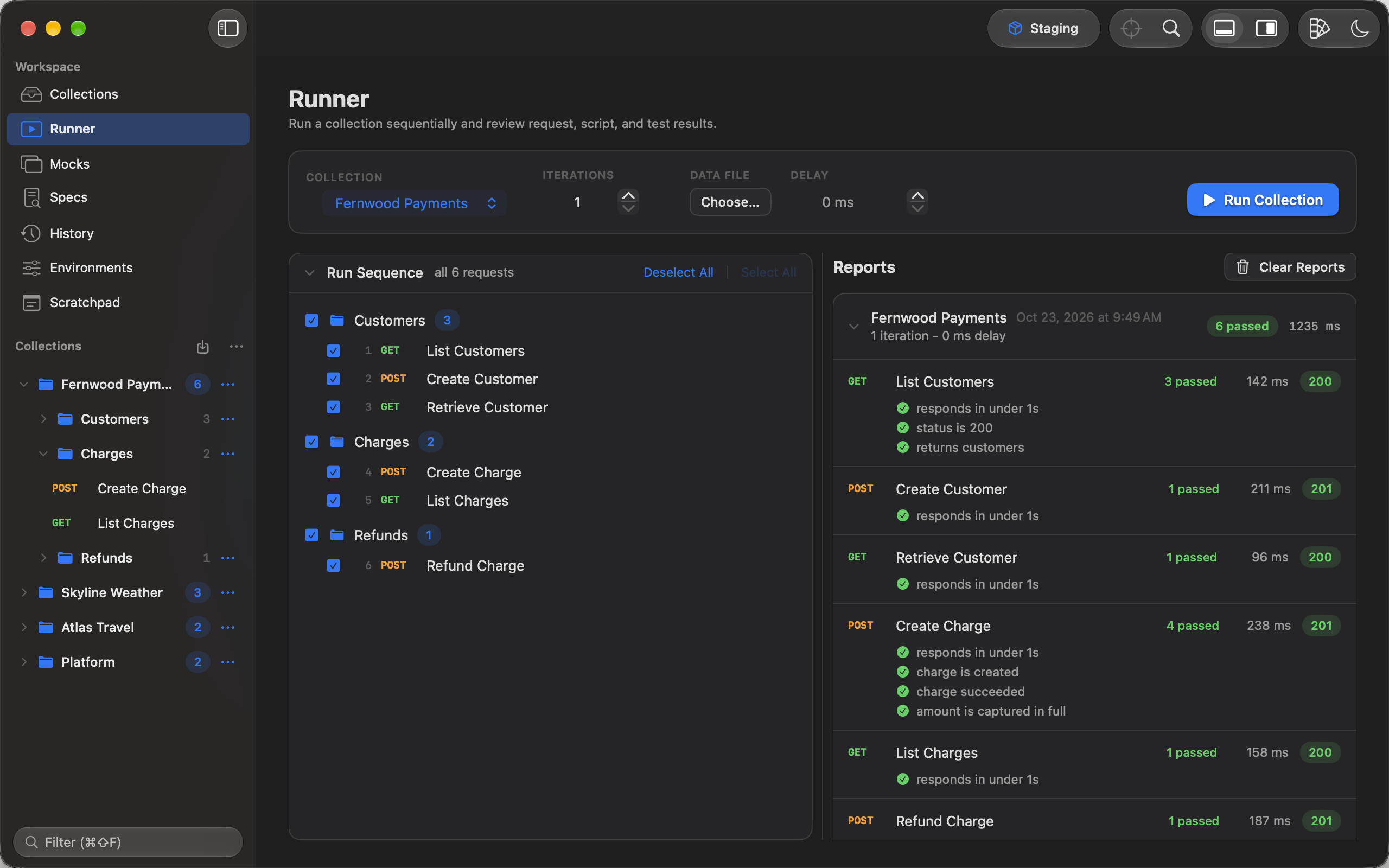The collection runner reporting test results for each request