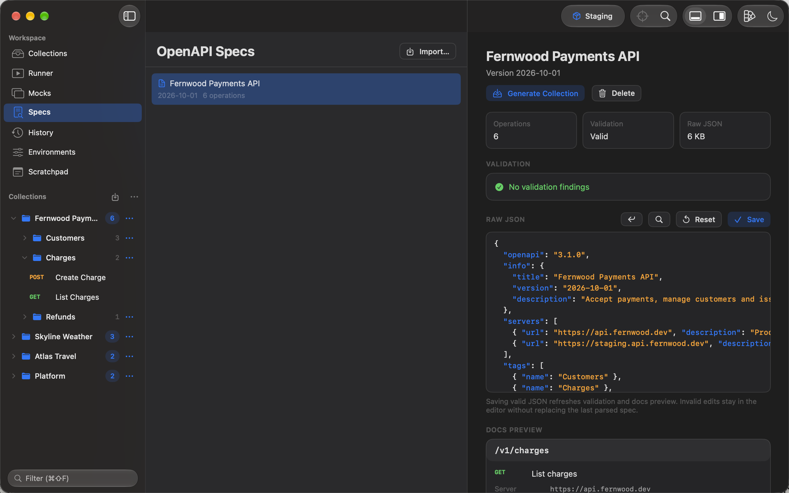 An OpenAPI document validated in the Specs section