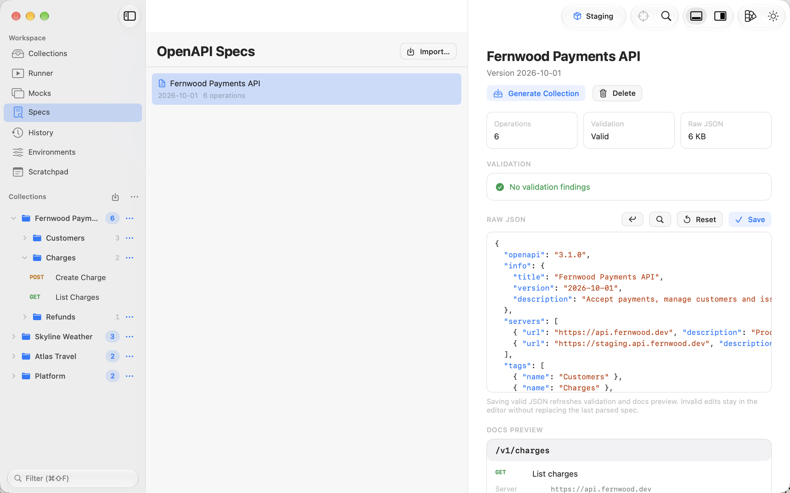 An OpenAPI document validated in the Specs section